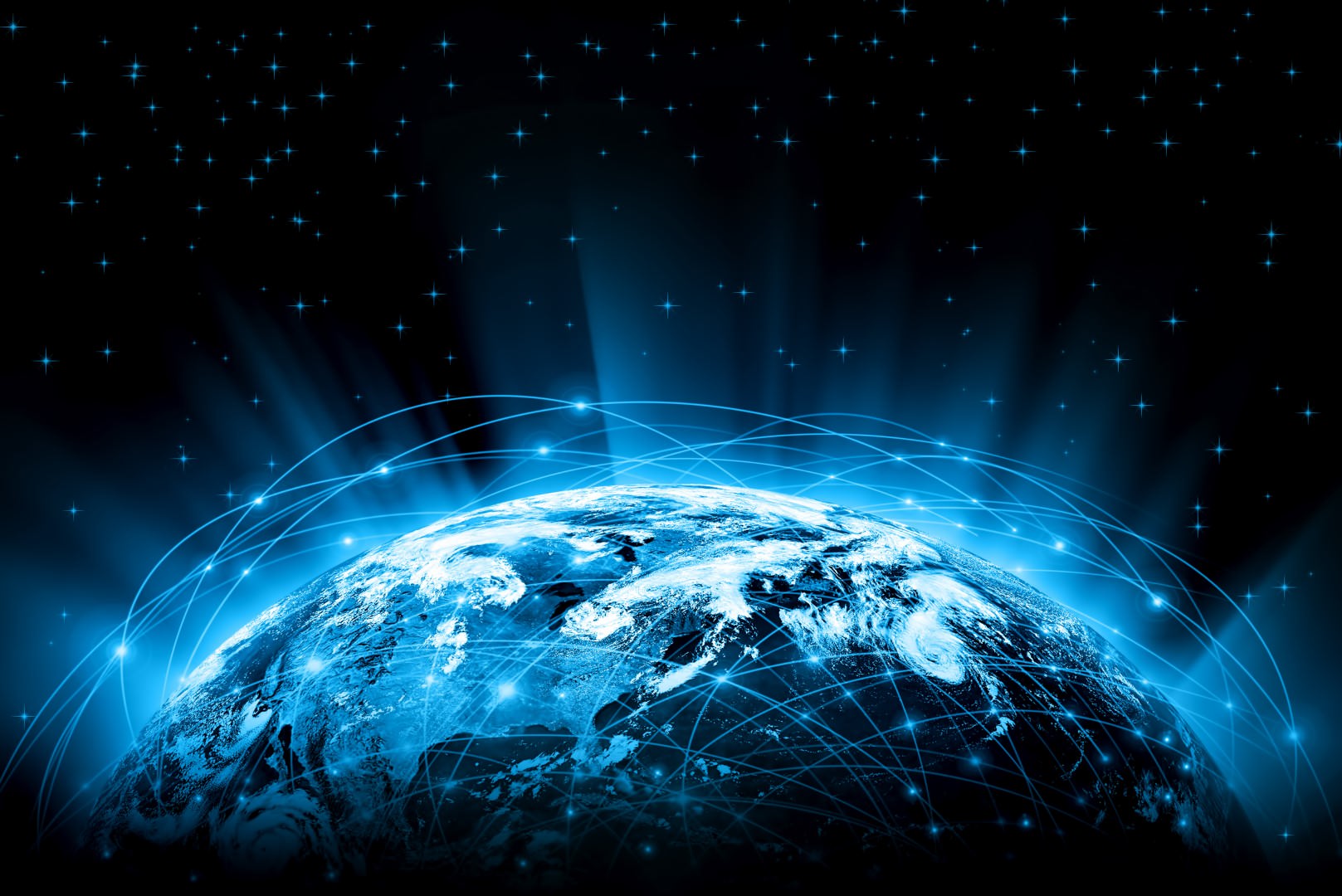 Best Internet Concept of global business. Globe, glowing lines on technological background. Electronics, Wi-Fi, rays, symbols Internet, television, mobile and satellite communications
